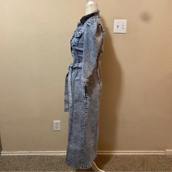 VENUS Button Front Light Blue 1/2 Sleeve Midi Denim Tie Waist Dress Size 2 - Picture 5 of 14